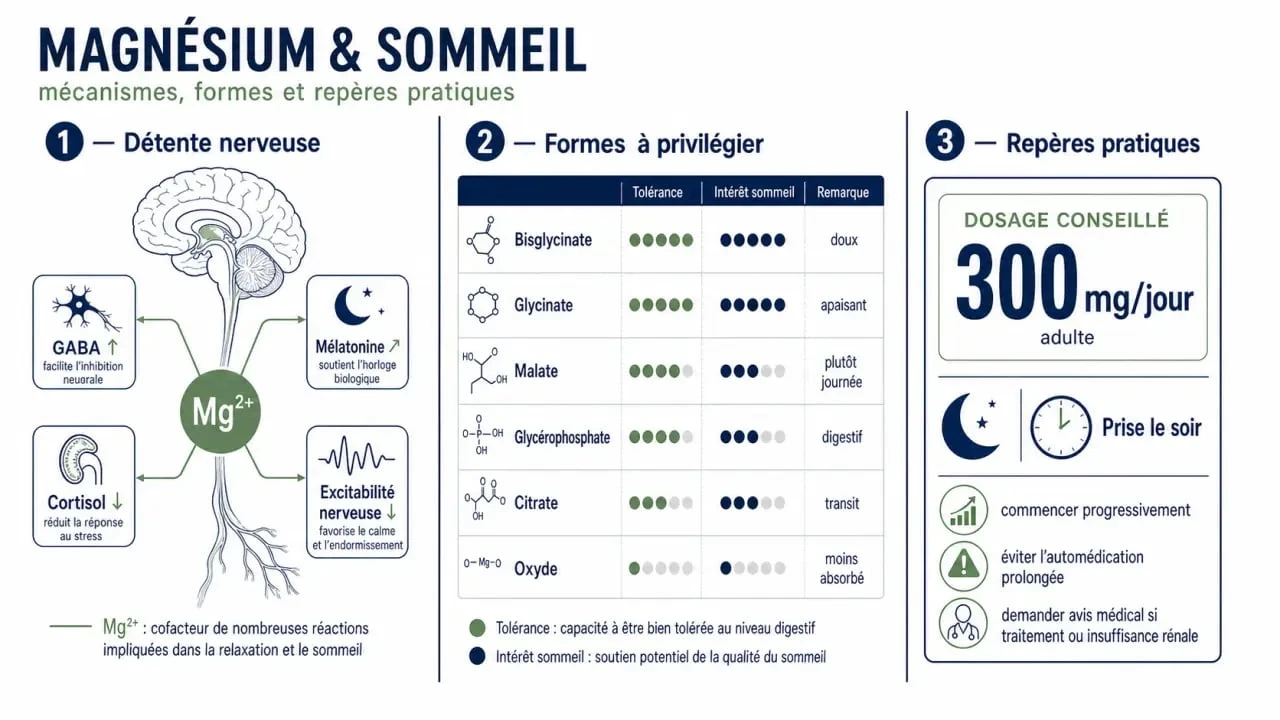 Magnésium et sommeil : infographie comparative des formes et des doses