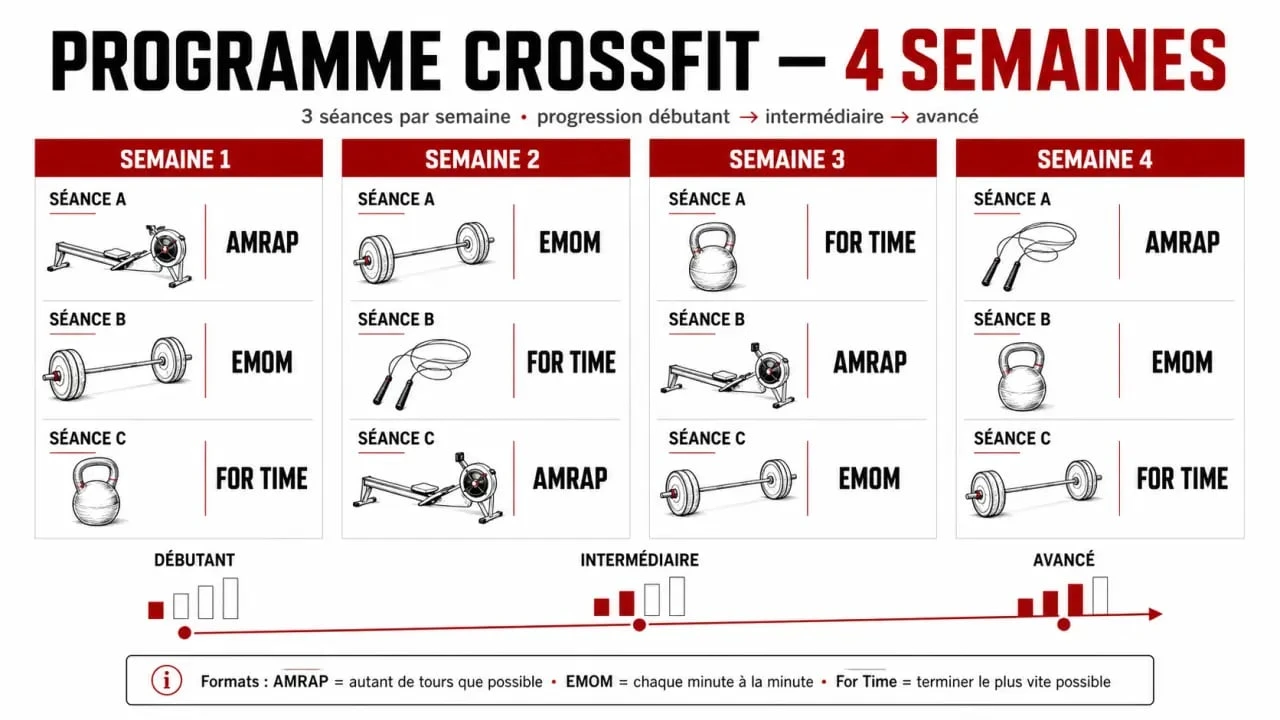 Infographie du crossfit programme sur 4 semaines, avec séances débutant, intermédiaire et avancé