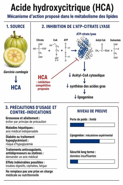 Infographie sur les bienfaits et les précautions d'usage du Garcinia cambogia pour la santé