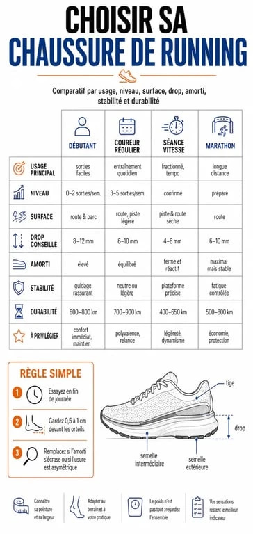 Infographie comparative sur la meilleure chaussure running selon usage, amorti, drop et niveau du coureur