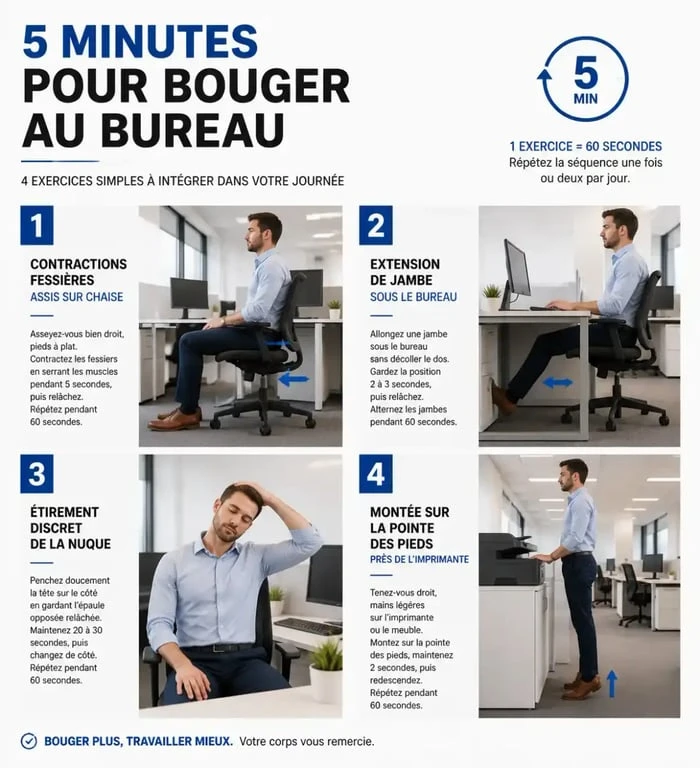 Exercices à faire au bureau illustrés en séquence dans un open space