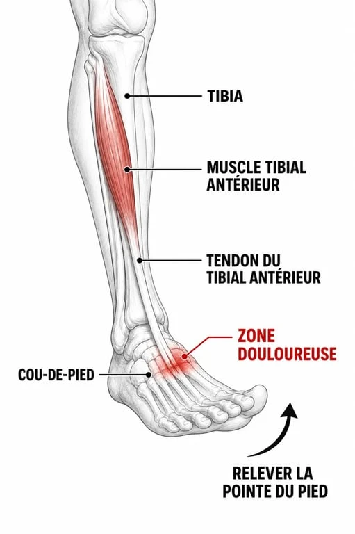 Schéma de tendinite releveur du pied montrant la zone douloureuse du tibial antérieur