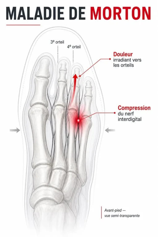 Schéma de la maladie de Morton montrant la compression du nerf interdigital à l’avant-pied