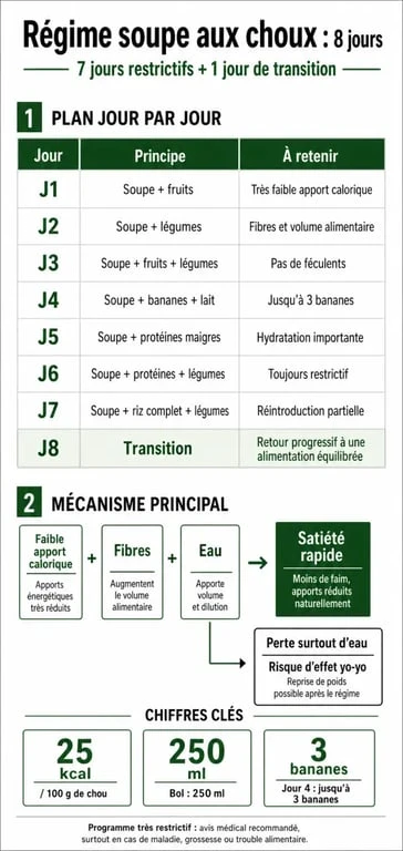 Infographie du régime soupe aux choux 8 jours avec menu jour par jour, chiffres clés et risques