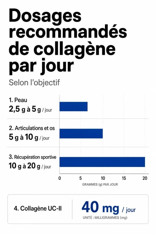 Infographie des dosages recommandés de collagène par jour selon les objectifs de santé