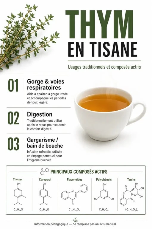 Bienfait du thym en tisane : infographie des usages traditionnels pour la gorge, la digestion et les voies respiratoires