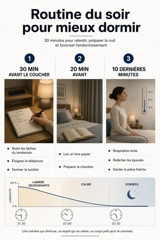 Une routine du soir pour bien dormir illustrée en trois étapes chronologiques avec gestes simples avant le coucher