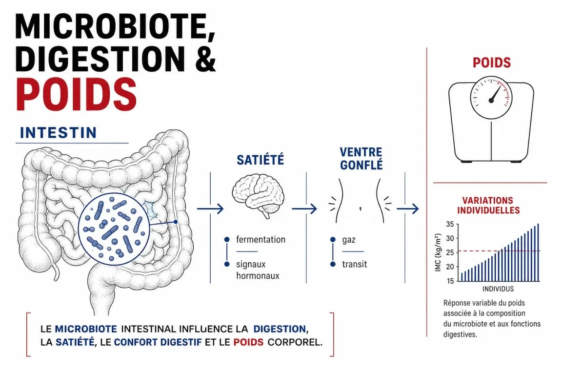 Probiotiques pour maigrir : schéma du microbiote, du transit et de la satiété