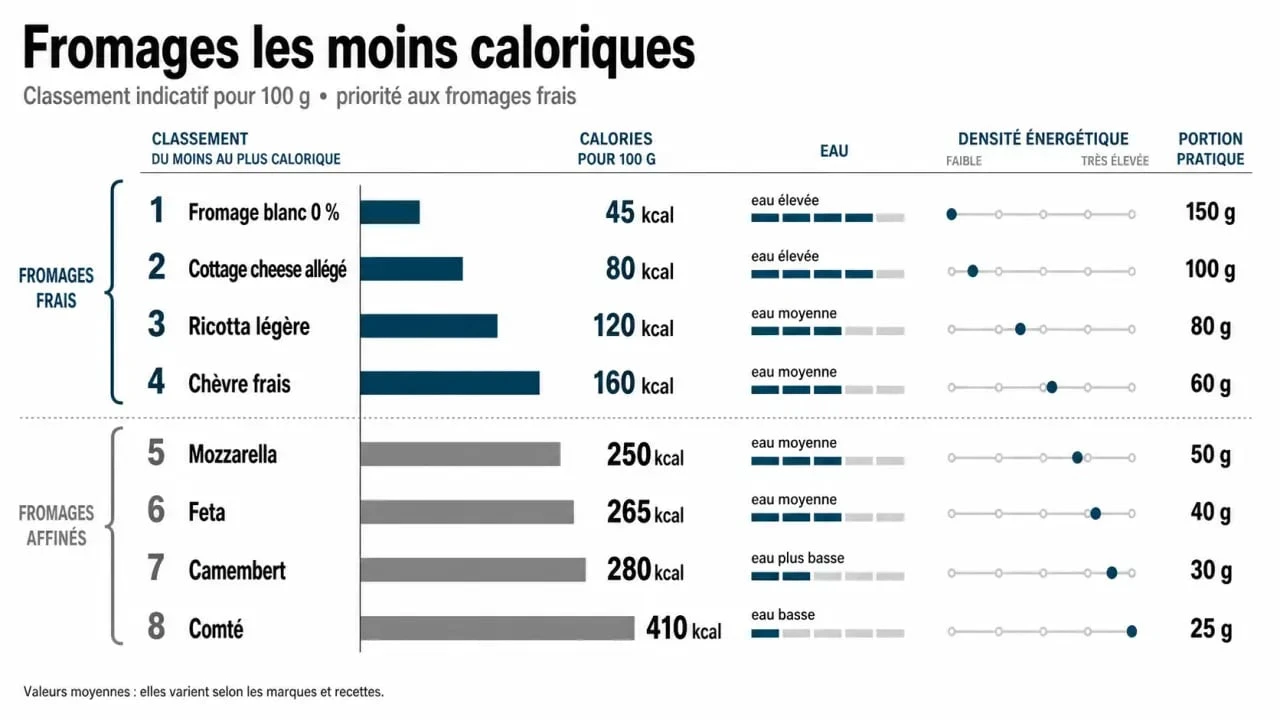 Fromage le moins calorique : comparaison visuelle des fromages frais et affinés par calories pour 100 g