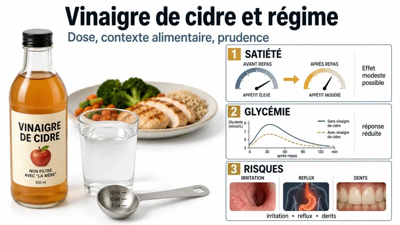 Schéma du regime et vinaigre de cidre : dosage, effets sur la satiété, la glycémie et les précautions