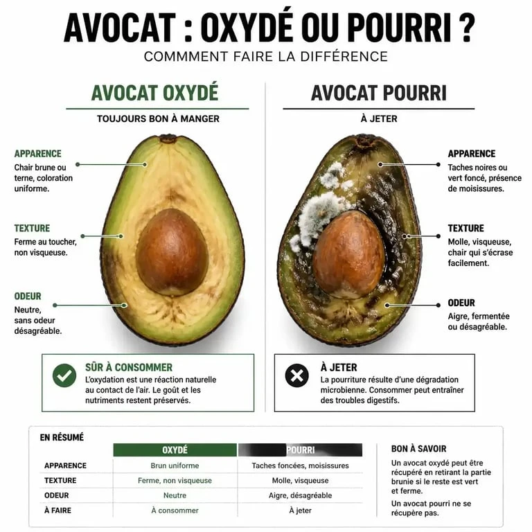 Infographie montrant la différence entre un avocat oxydé comestible et un avocat pourri non comestible