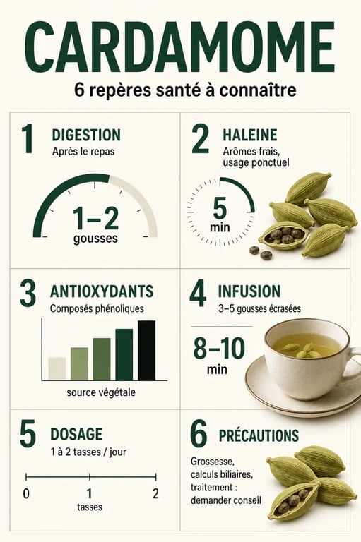 Cardamome bienfait : infographie santé sur la digestion, l’haleine et les précautions d’emploi
