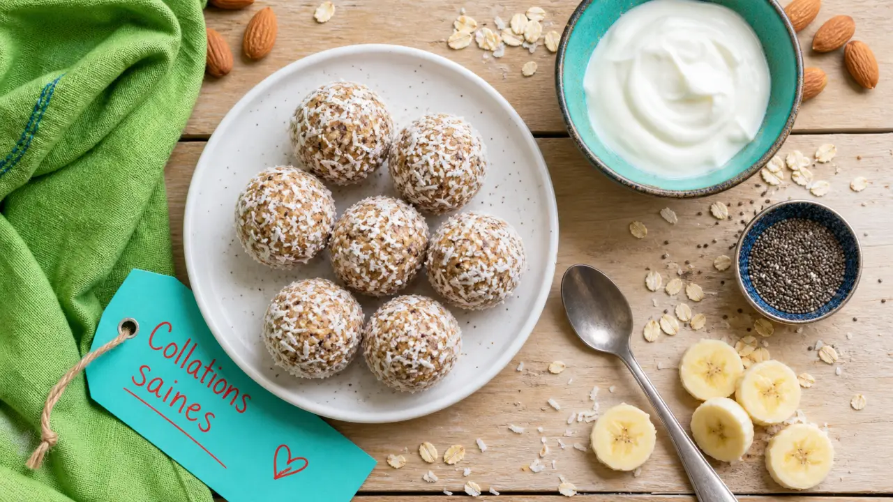 Idées de collations saines : energy balls banane-amande et yaourt grec