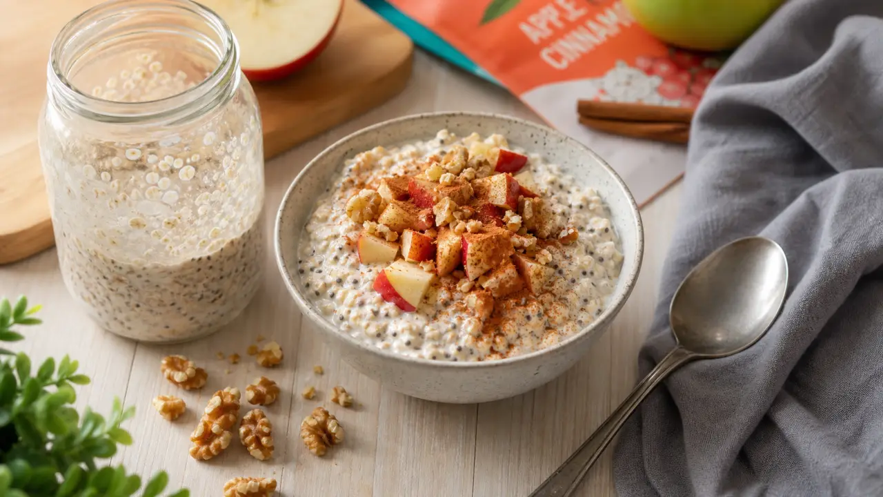 Idées de petit-déjeuner équilibré : bol d’overnight oats pomme-cannelle, graines de chia et yaourt grec