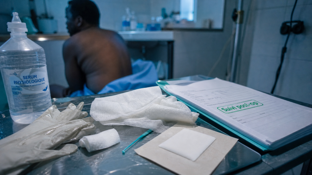 Kyste pilonidal apres operation : pansement et soins post-op sur table médicale