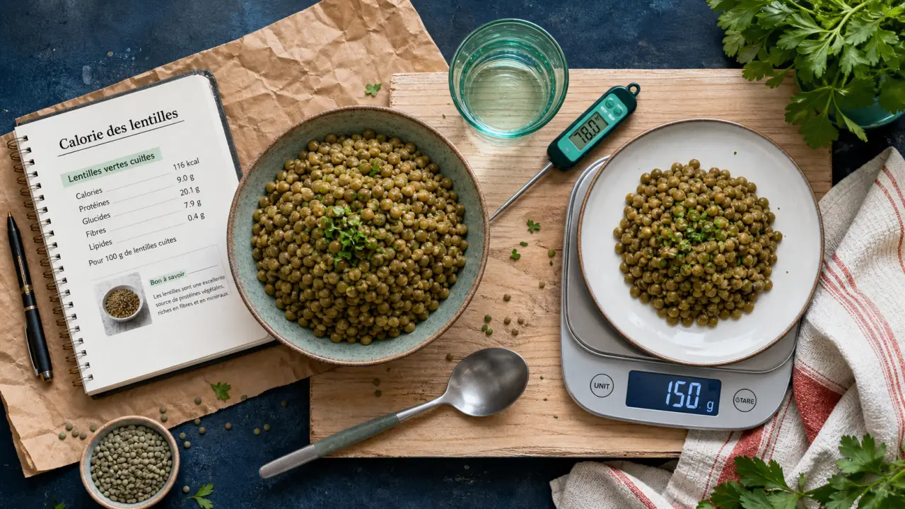 Lentilles calorique : bol de lentilles et portion pesée