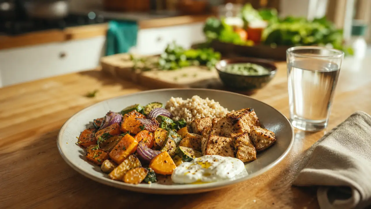 Manger équilibré sans se priver : assiette 80/20 légumes, riz complet et protéines