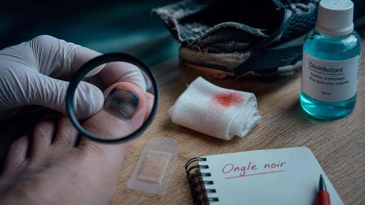 Photo : orteil noir ongle, ongle d’orteil noir sous loupe médicale
