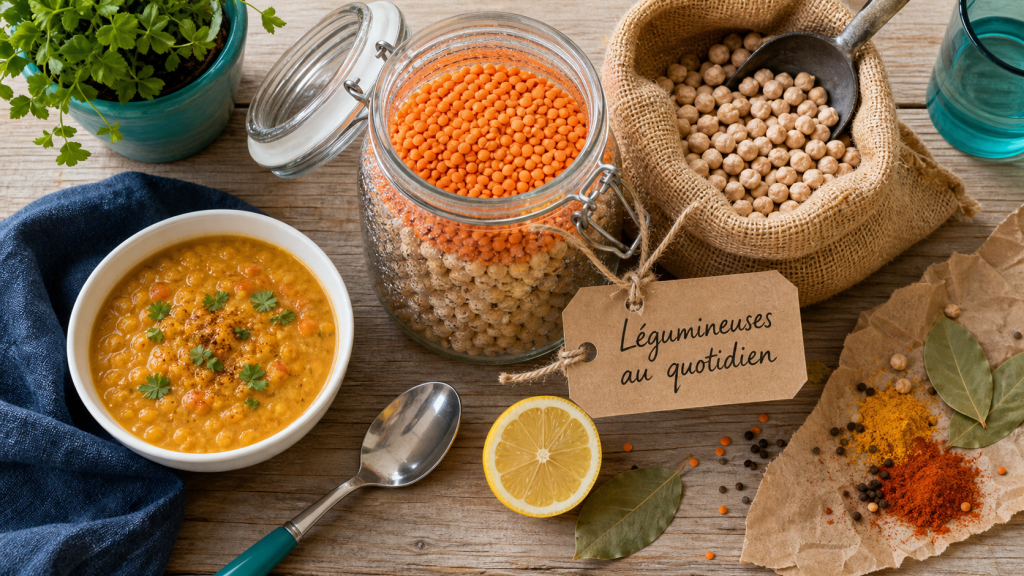 Pourquoi manger des légumineuses : bocal de lentilles et pois chiches