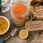 Pourquoi manger des légumineuses : bocal de lentilles et pois chiches