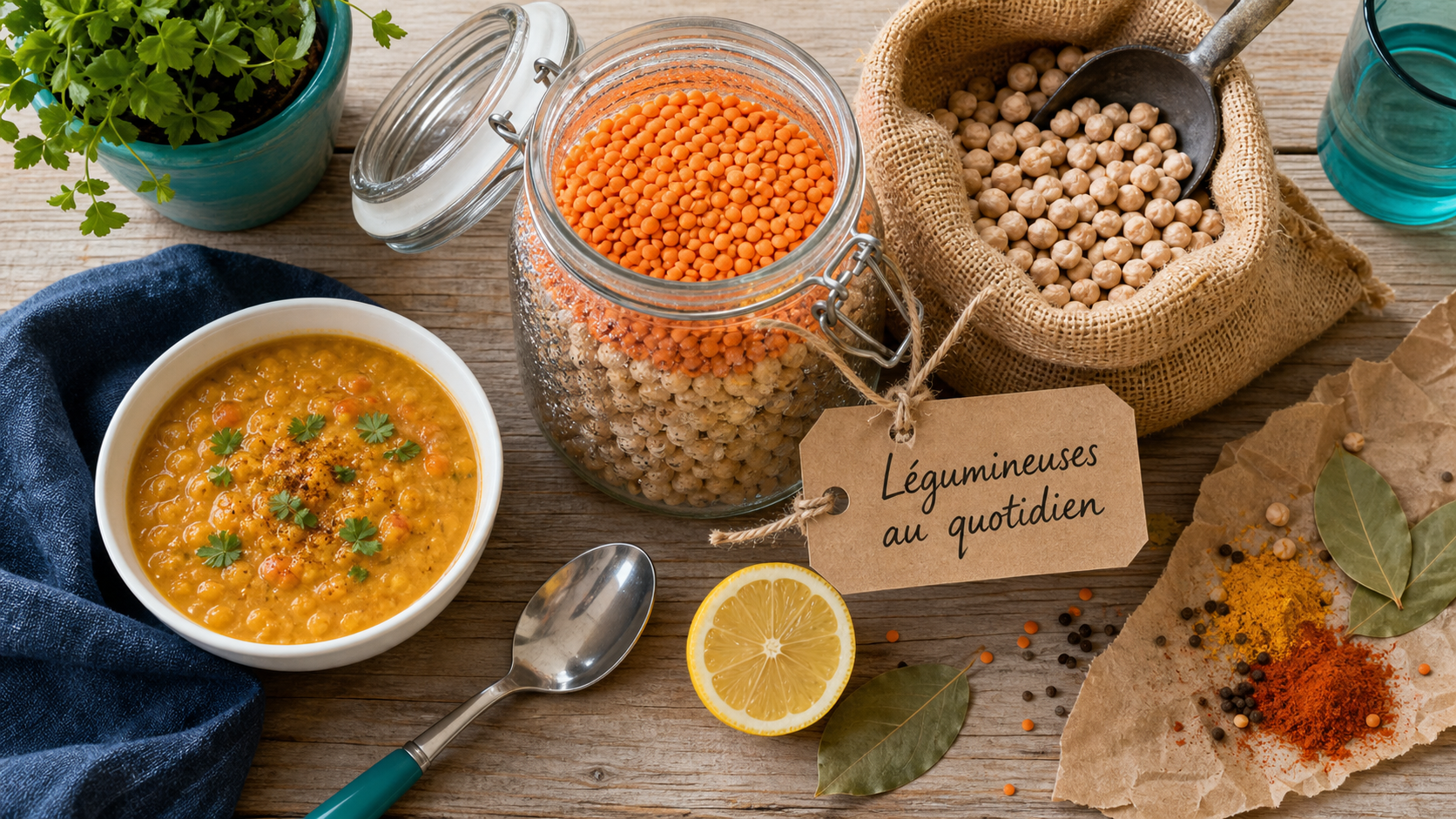 Pourquoi manger des légumineuses : bocal de lentilles et pois chiches