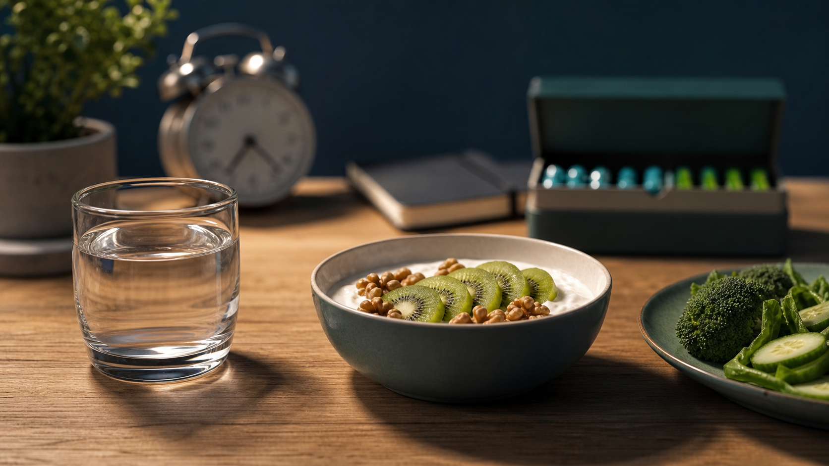 Renforcer son immunité naturellement : yaourt, kiwi, sommeil et gélules sur table