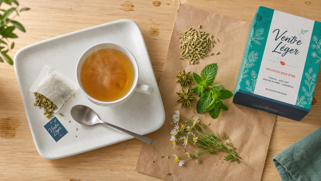 Tisane pour ventre plat, graines de fenouil et menthe sur table en bois