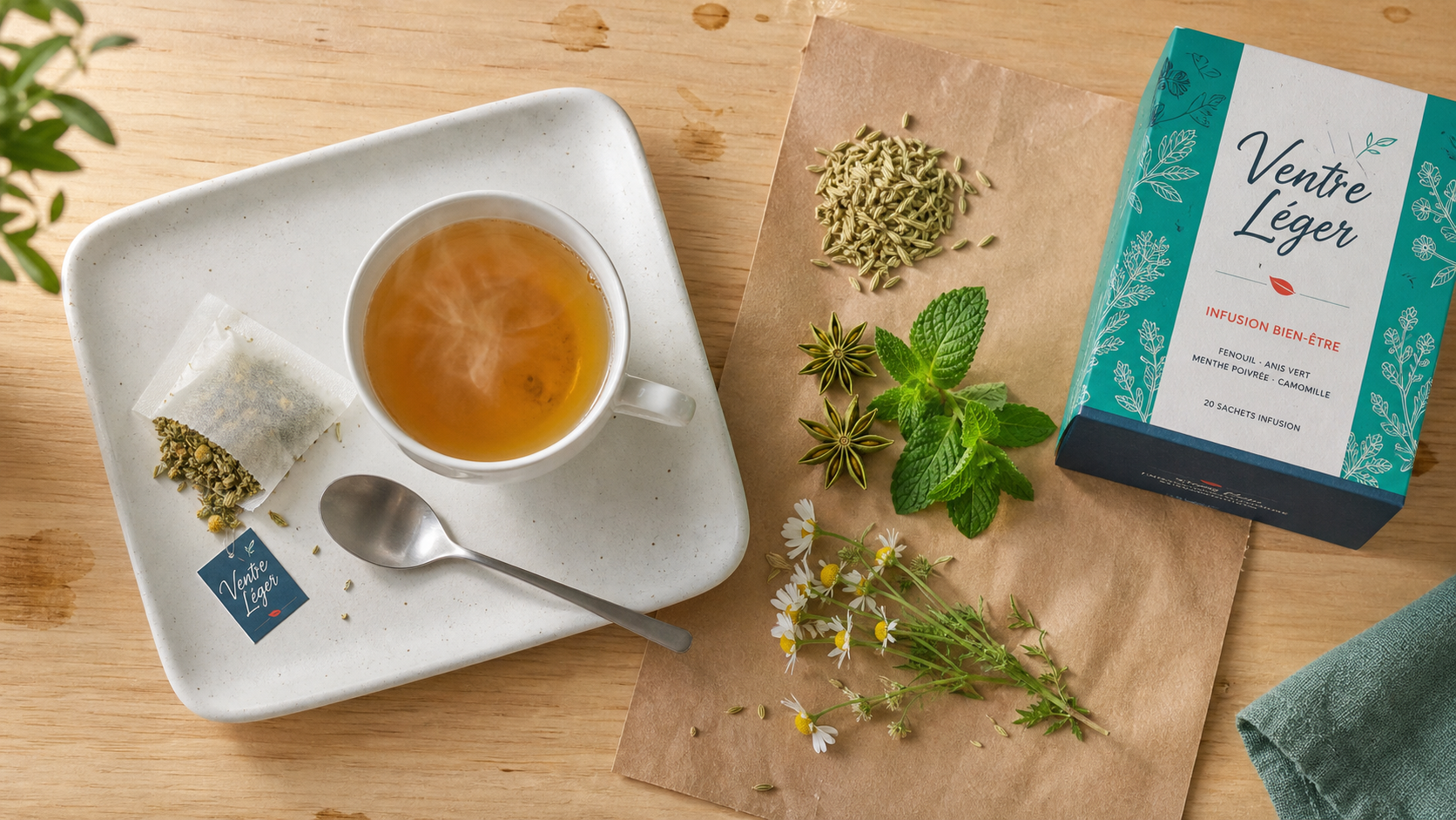 Tisane pour ventre plat, graines de fenouil et menthe sur table en bois