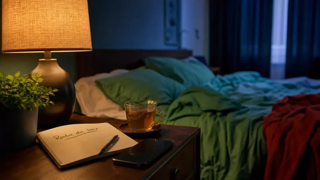 Une routine du soir pour bien dormir : infusion, carnet, téléphone éteint et chambre fraîche.