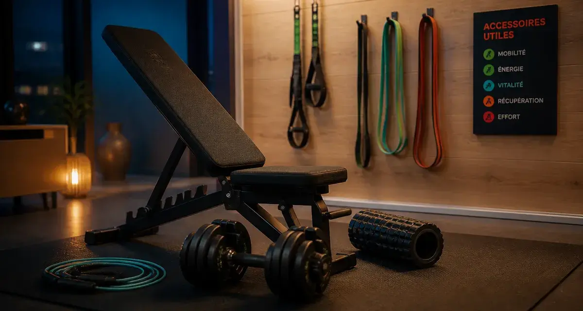 Accessoire musculation maison : banc inclinable et haltères réglables