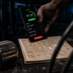 Application musculation : smartphone sur carnet d’entraînement en salle