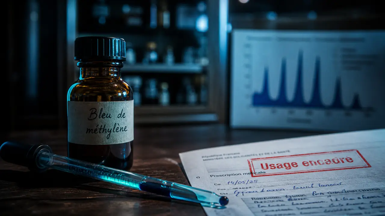 Bleu de méthylène interdit en pharmacie : flacon, pipette et usage encadré à l’hôpital