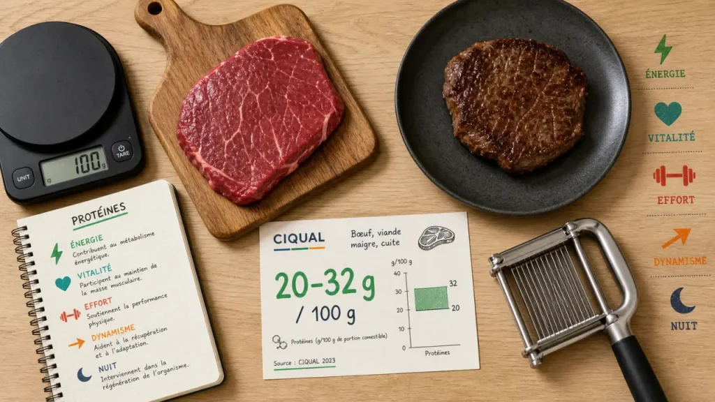 100 g de viande rouge apportent 20 à 32 g de protéines, selon le morceau