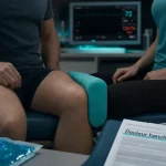 Douleur a la hanche : homme et femme en kinésithérapie, coussin et gel froid