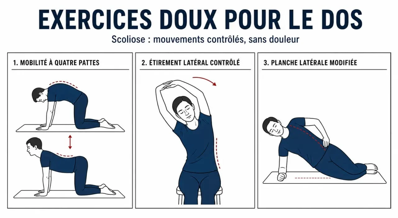 Exercice pour scoliose illustré en trois mouvements doux pour la mobilité, l’étirement et le renforcement