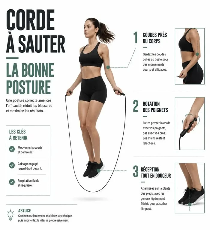 Infographie illustrant la bonne posture pour la corde à sauter pour perdre du poids efficacement
