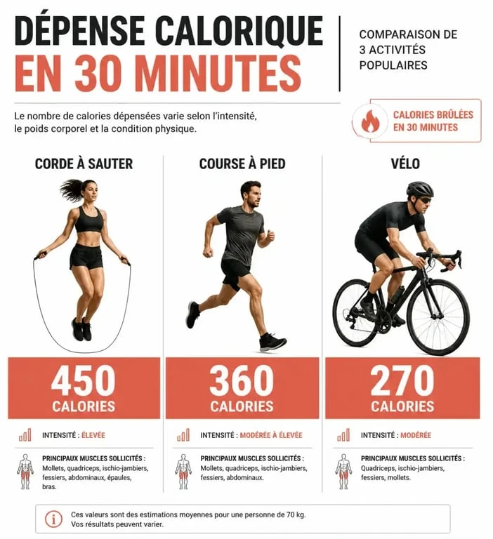 Infographie comparant la dépense calorique pour perdre du poids avec la corde à sauter, le running et le vélo