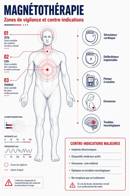 Magnétothérapie danger : zones de vigilance, implants et contre-indications médicales