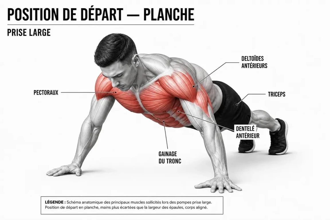 Pompes prise large : schéma des muscles sollicités