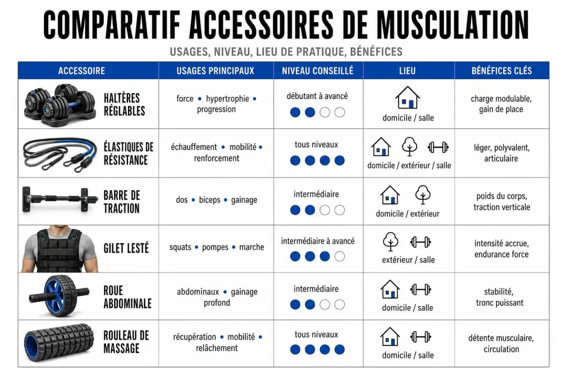 Accessoire musculation : comparatif visuel des principaux accessoires selon l’usage, le niveau et le lieu d’entraînement
