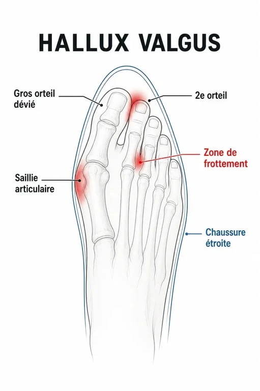Schéma de l'oignon pied montrant la déviation du gros orteil et la bosse interne de l'avant-pied