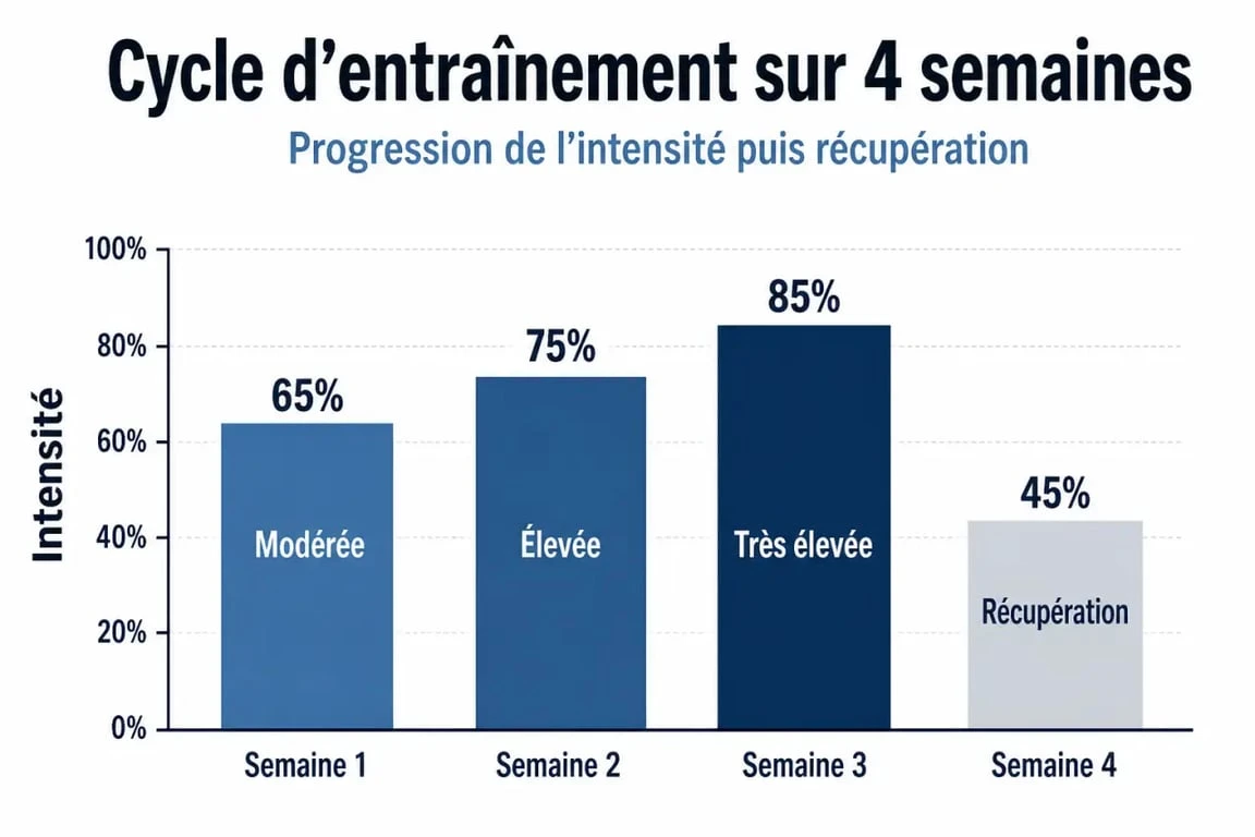 Schéma d'un cycle d'entrainement course pied de 4 semaines avec récupération