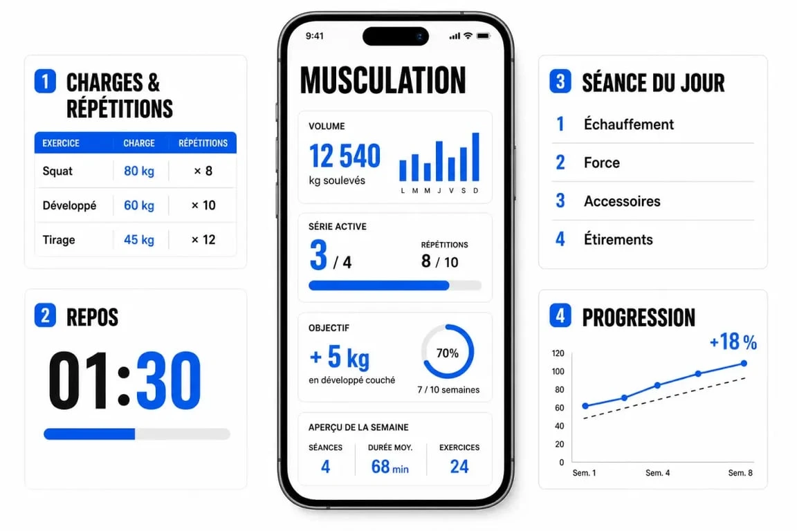 Application musculation : illustration du suivi des charges, du chronomètre de repos et de la progression