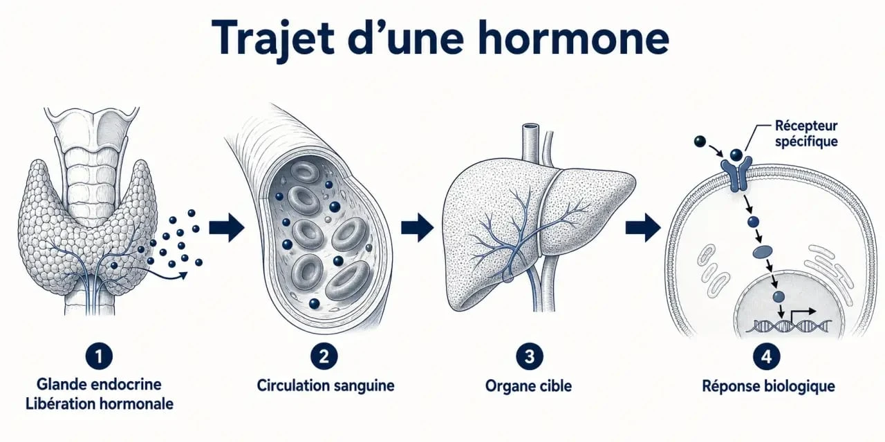 qu est ce qu une hormone : schéma du trajet d’une hormone de la glande endocrine à la cellule cible