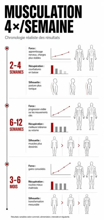 Musculation 4 fois par semaine resultat : chronologie des progrès, délais visibles et transformation physique