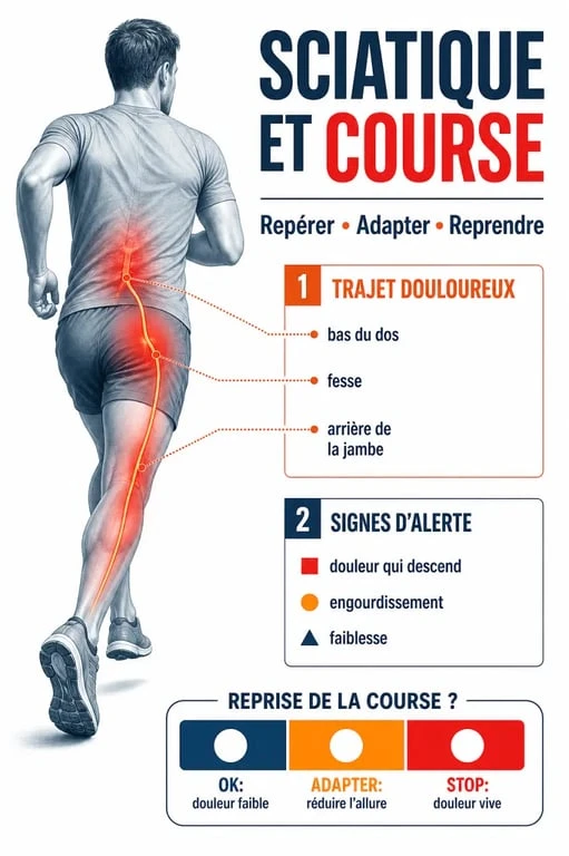Courir avec une sciatique : schéma du trajet du nerf sciatique et des signes d’alerte
