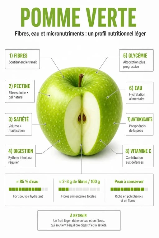 Pomme verte bienfait : infographie santé sur fibres, pectine, satiété, glycémie et antioxydants