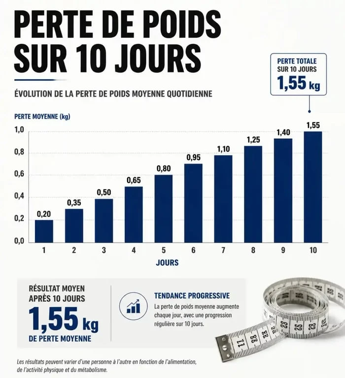 Tableau récapitulatif de la perte de poids moyenne durant la phase d'attaque de 10 jours du régime Dukan