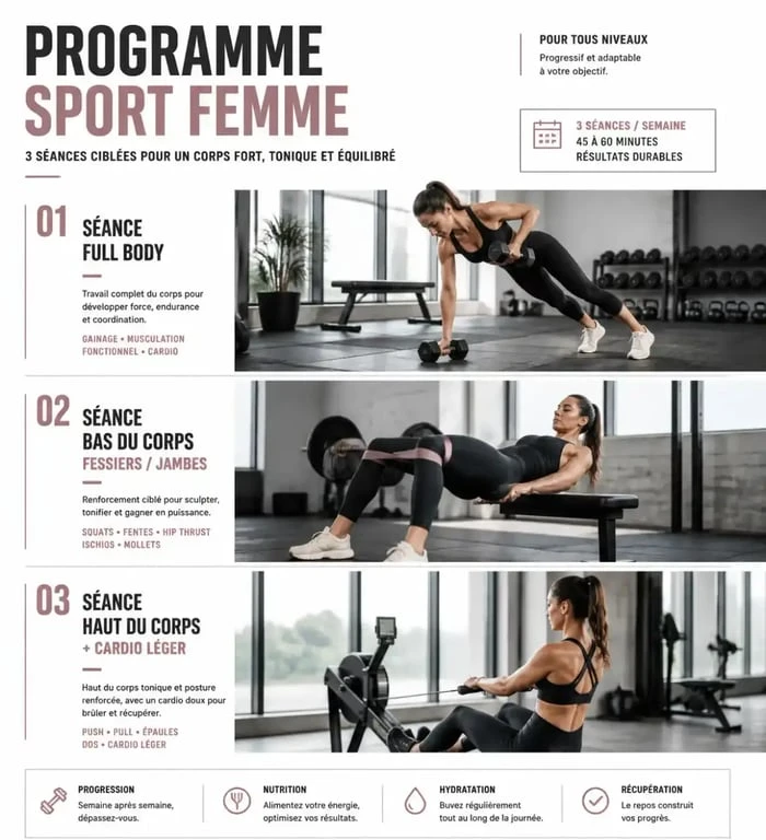 Programme de sport femme en salle illustré avec séances full body, bas du corps et haut du corps