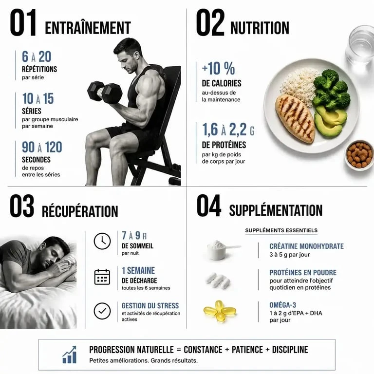 Bodybuilding naturelle : infographie des quatre piliers et repères chiffrés de progression